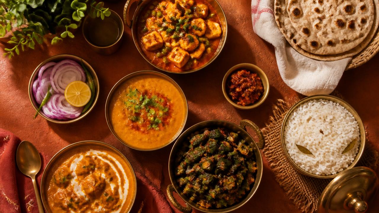 A spread of homemade Indian curries, rice, and fresh rotis