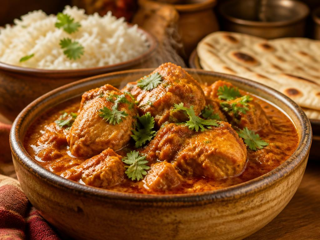 Bowl of homestyle chicken curry with rice and roti